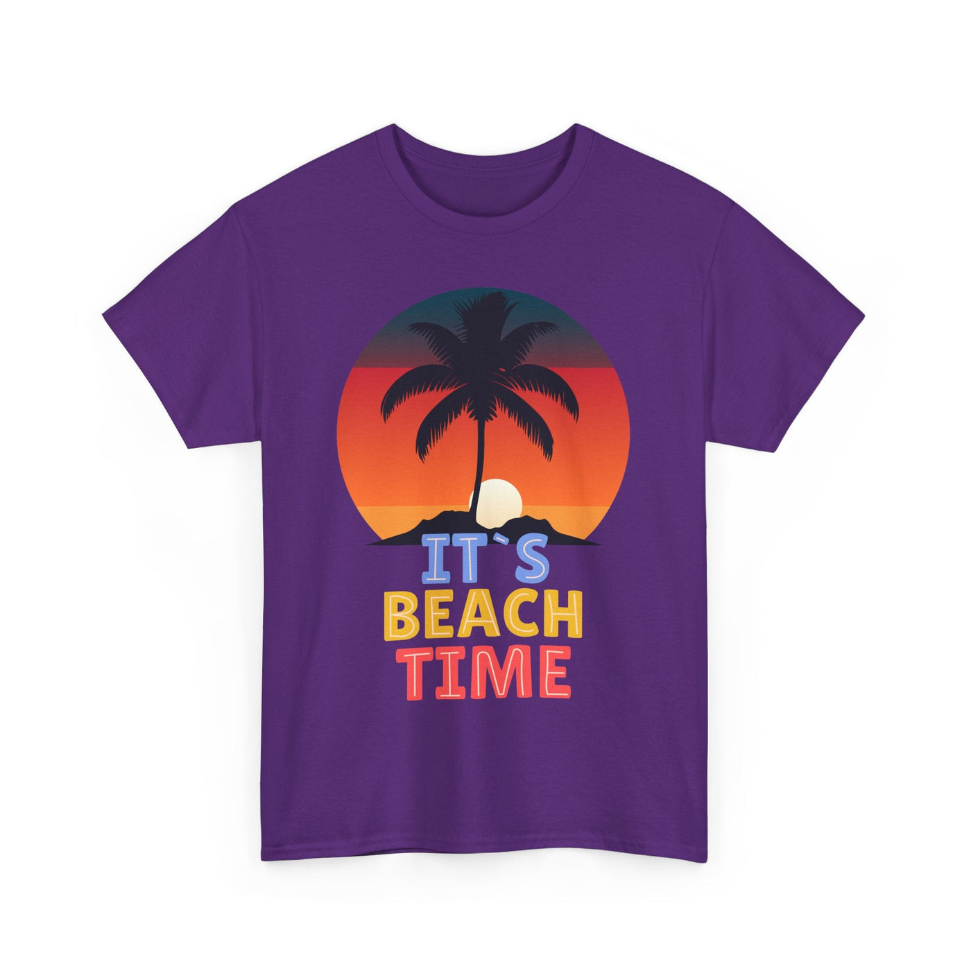 Beach Time Summer 2025 T-Shirt with sunset, palm tree, and vibrant "It's Beach Time" graphic on a purple unisex tee.