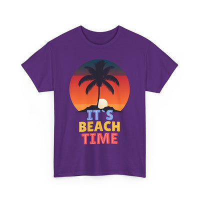 Beach Time Summer 2025 T-Shirt with sunset, palm tree, and vibrant "It's Beach Time" graphic on a purple unisex tee.