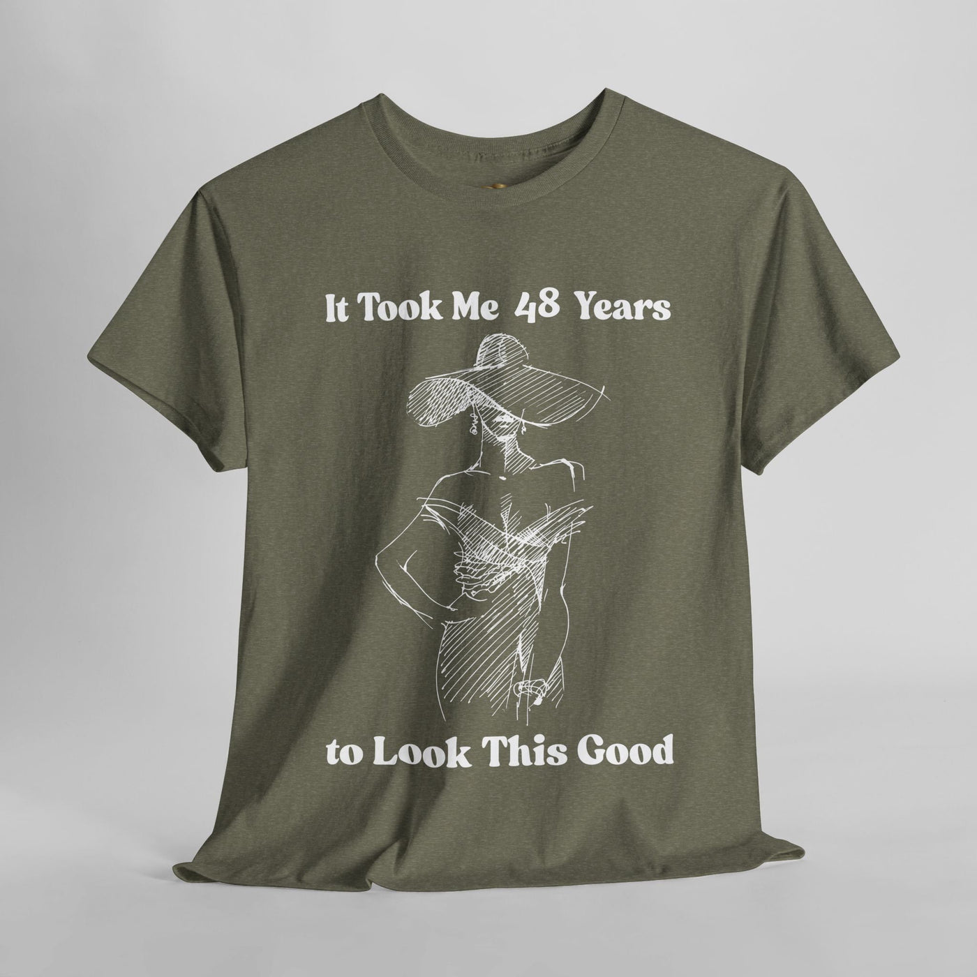 Elegant "It Took Me 48 Years to Look This Good" t-shirt featuring a chic minimalist sketch, perfect funny birthday gift for stylish women.