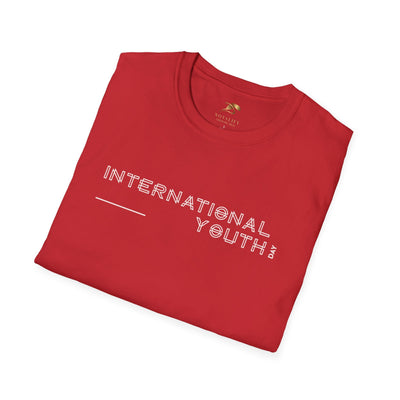 Red unisex softstyle t-shirt with "International Youth Day" text for youth celebration
