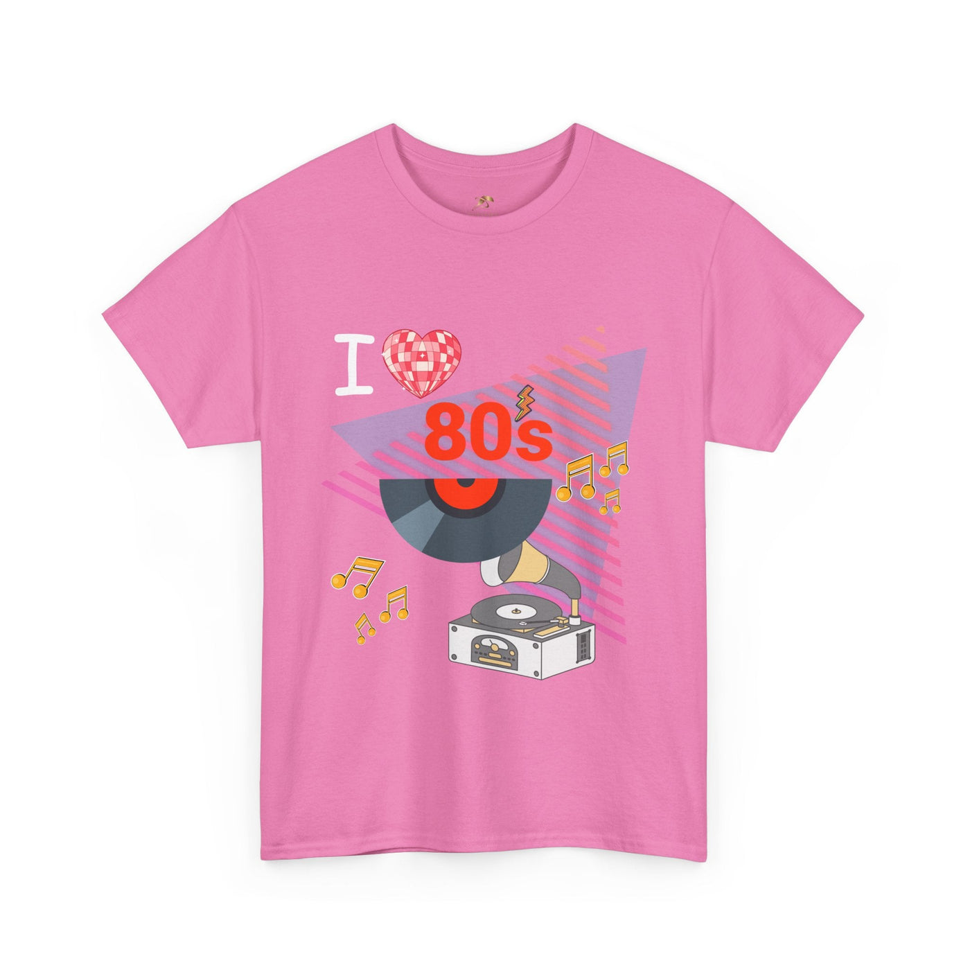 Pink 80's Music Lover T-Shirt with vintage record player graphic and retro style design