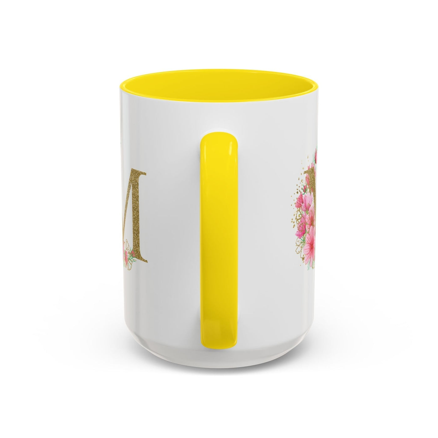 Mother's Day mug with yellow handle and floral accents, perfect gift for mothers.