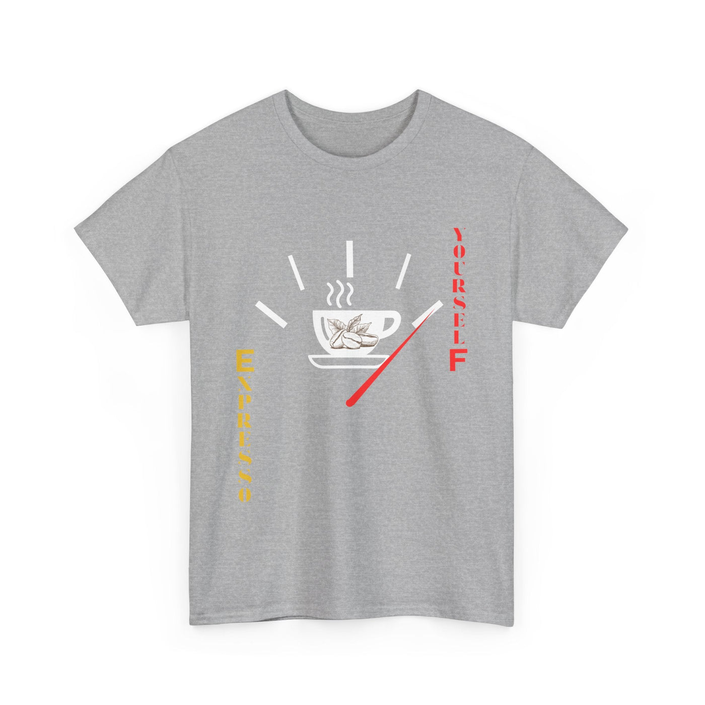 Expresso Yourself coffee T-shirt with espresso cup and fuel gauge design.