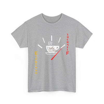Expresso Yourself coffee T-shirt with espresso cup and fuel gauge design.