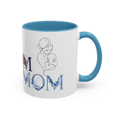 Mother's Day mug with floral design and custom names, blue interior and handle.