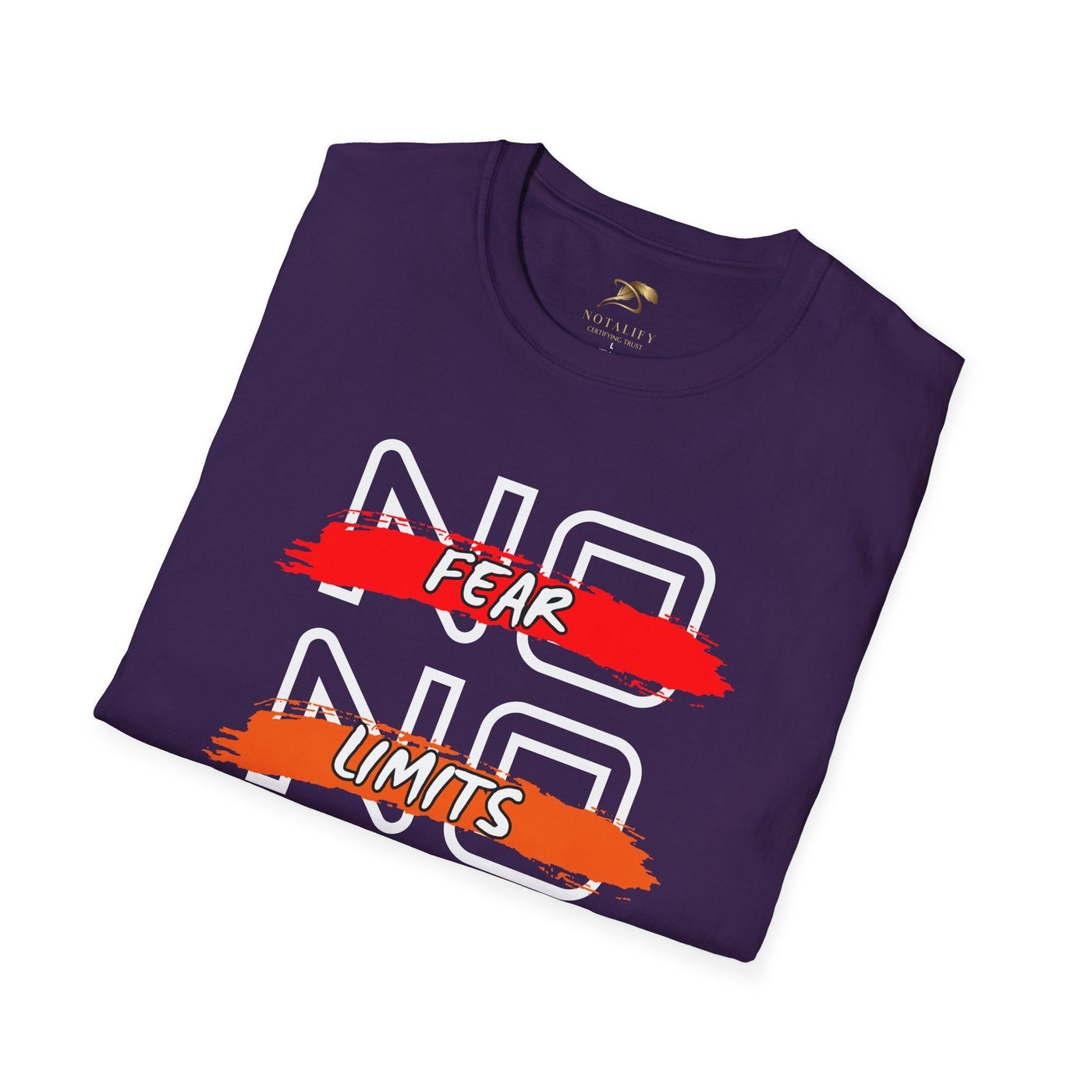 Purple unisex t-shirt with "No Fear No Limits" motivational graphic in red and orange brushstroke design.