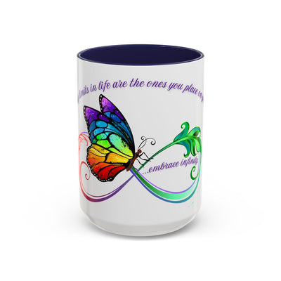 Inspirational butterfly coffee mug with embrace infinity design, perfect for motivational moments and self-care.