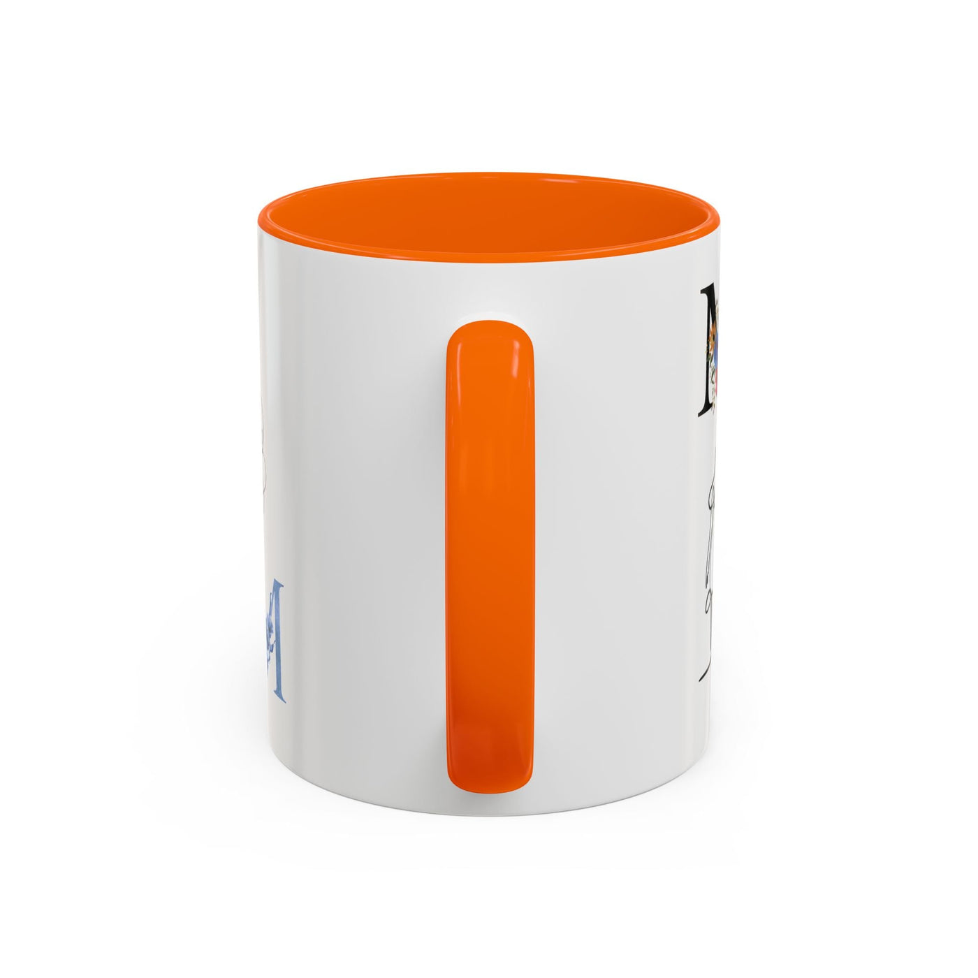Mother's Day mug with orange handle, features 'madre' and floral design, ceramic giftware.