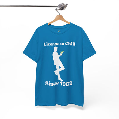 License to Chill T-Shirt with Margarita Design on Blue Hanger
