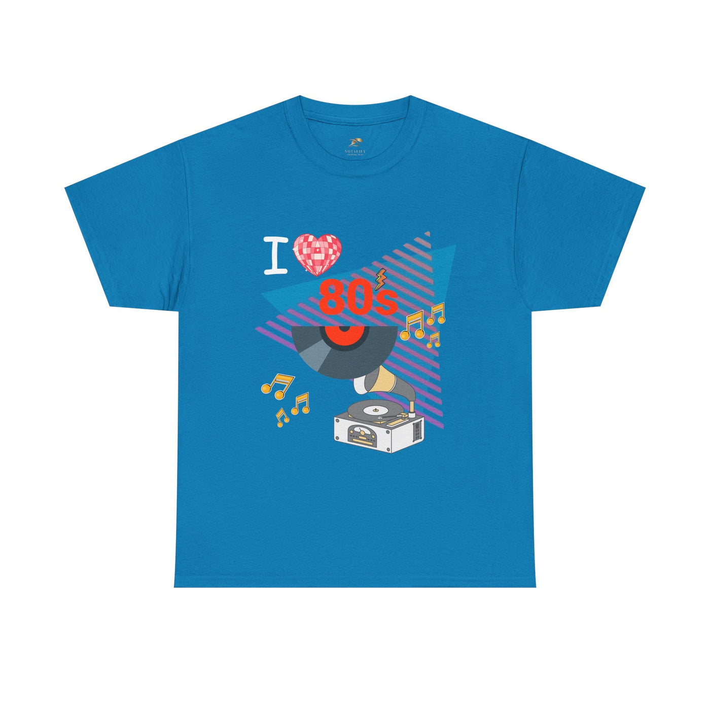Blue 80's Music Lover T-Shirt with retro vinyl record and music notes graphic, unisex cotton tee