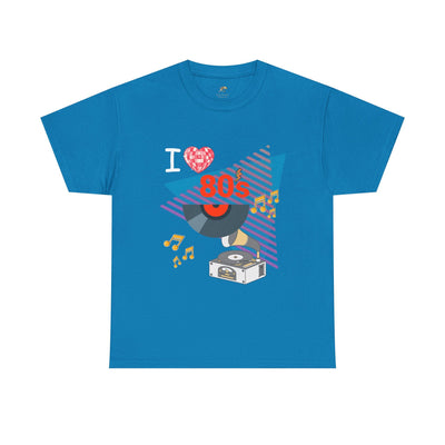 Blue 80's Music Lover T-Shirt with retro vinyl record and music notes graphic, unisex cotton tee