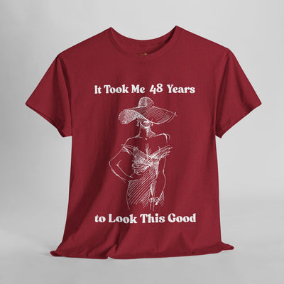 Chic red t-shirt with "It Took Me 48 Years to Look This Good" slogan and elegant woman sketch, perfect funny birthday gift.