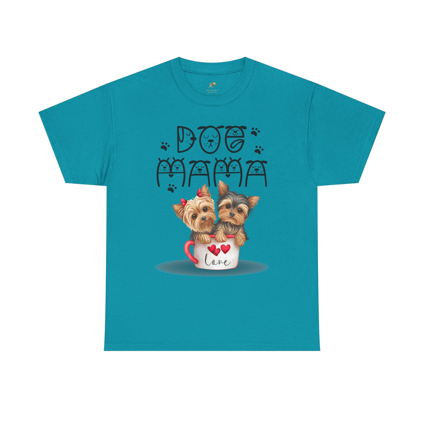 Dog Mama Unisex Tee with playful dog print design on turquoise fabric.