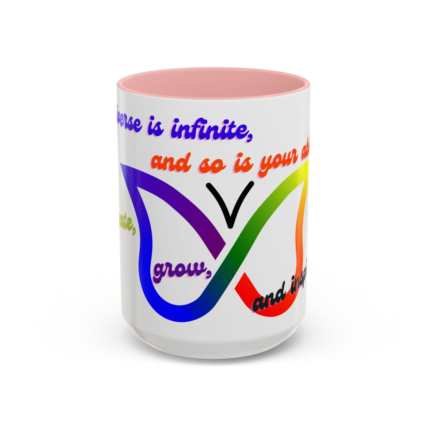 Infinity Butterfly Mug with vibrant rainbow silhouette, available in 11oz and 15oz, inspirational gift for creatives.