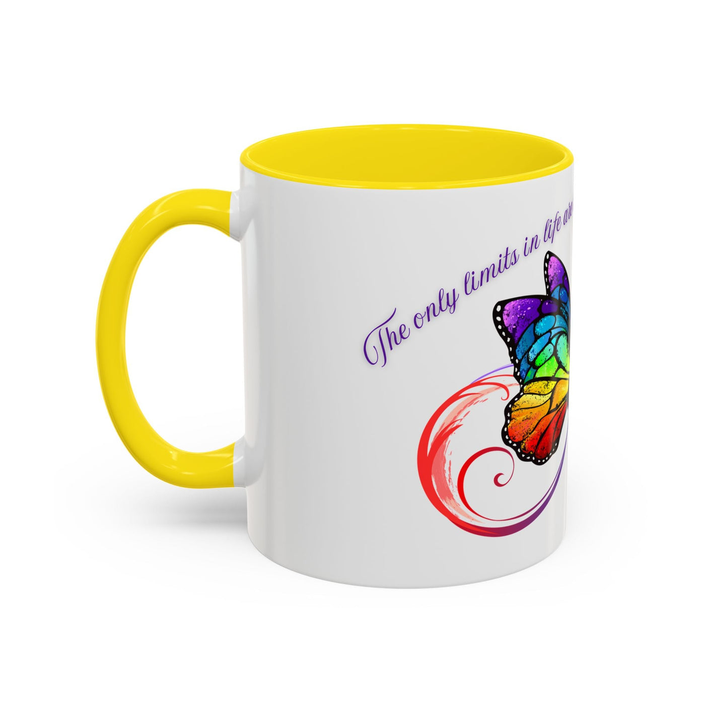 Inspirational butterfly coffee mug with vibrant infinity design, perfect for motivational moments and self-care.