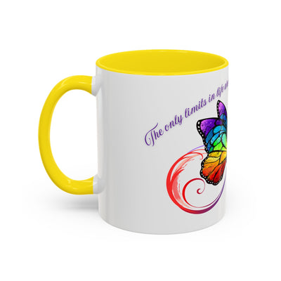 Inspirational butterfly coffee mug with vibrant infinity design, perfect for motivational moments and self-care.