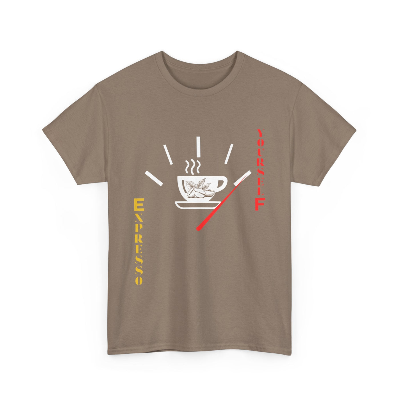 Unisex Expresso Yourself coffee T-shirt with espresso cup and fuel gauge design.