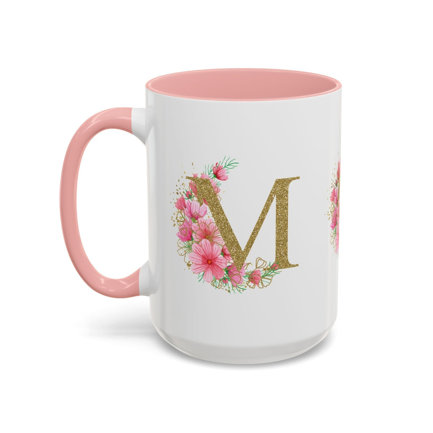 Custom Mother's Day mug featuring floral design with letter "M", pink interior and handle.