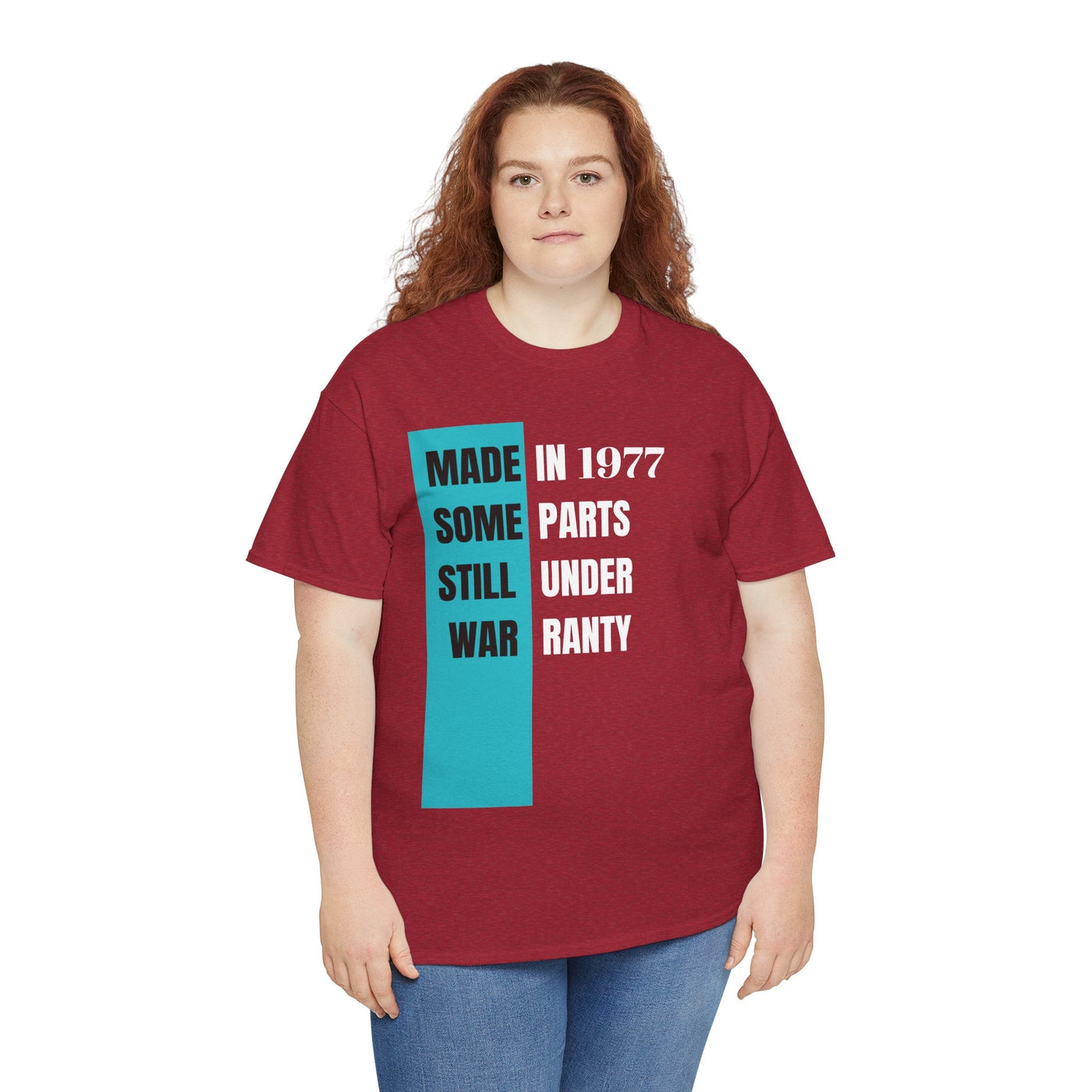 Funny aging t-shirt with humorous slogan "Made In Some Parts Still Under Warranty" ideal for birthday gift.