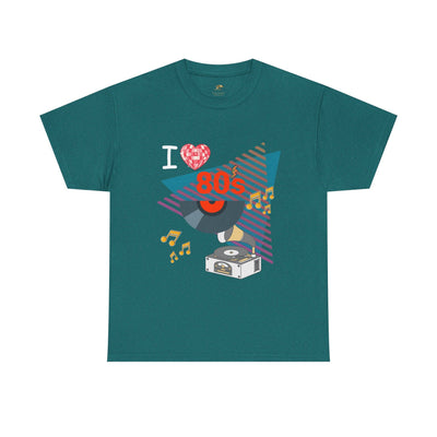 Unisex 80's Music Lover T-shirt with retro vinyl record and music notes graphic on green classic cotton tee