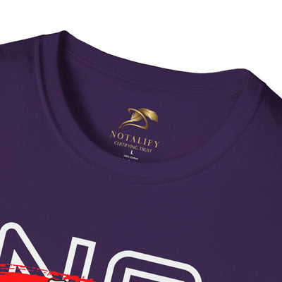 Close-up of purple unisex t-shirt with crew neckline featuring "No Fear No Limits" motivational graphic print, made of soft 100% cotton fabric.