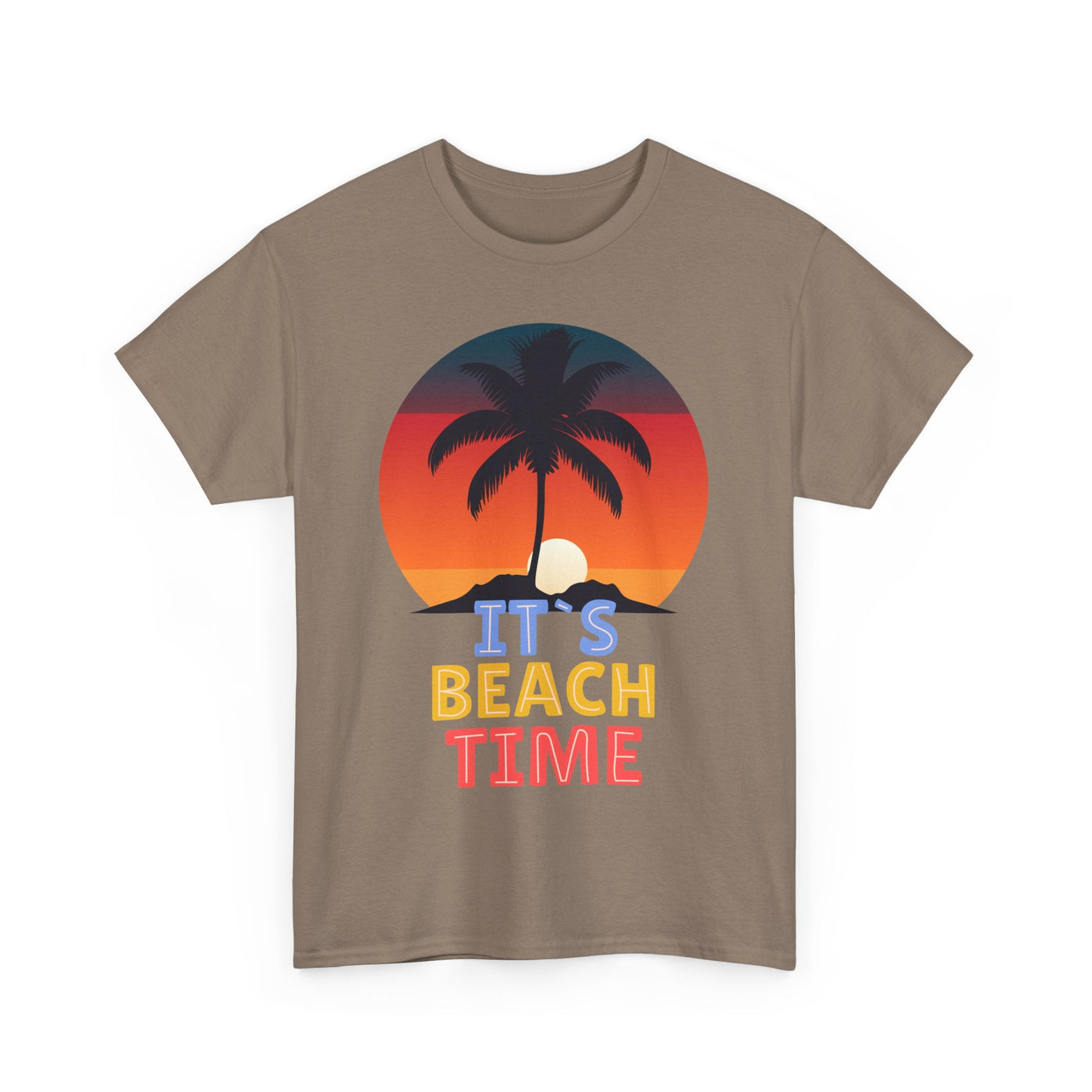 Unisex "It's Beach Time" summer 2025 t-shirt with palm tree and sunset graphic, perfect for beach lovers and tropical vacations.