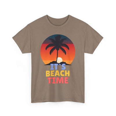 Unisex "It's Beach Time" summer 2025 t-shirt with palm tree and sunset graphic, perfect for beach lovers and tropical vacations.