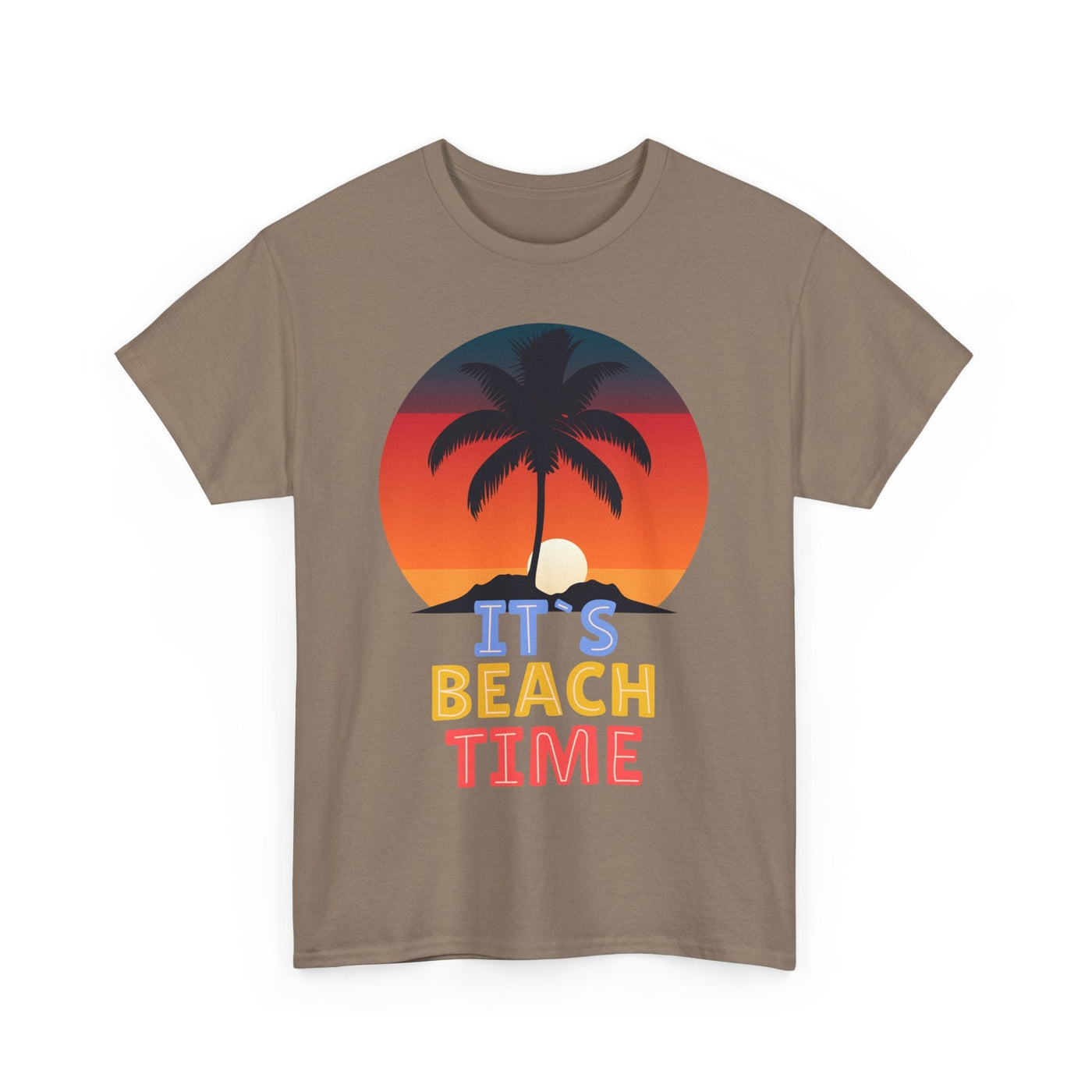Unisex "It’s Beach Time" T-shirt with palm tree and sunset graphic for Summer 2025.
