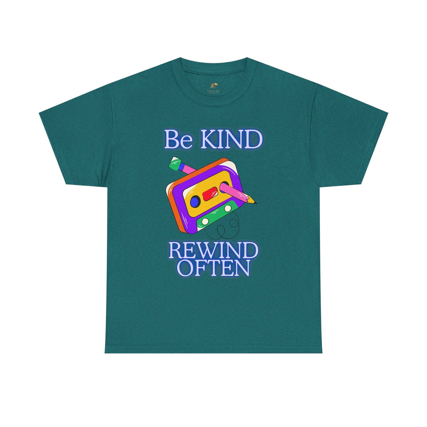 Unisex t-shirt with "Be Kind, Rewind Often" retro cassette design, 90s nostalgia green tee.