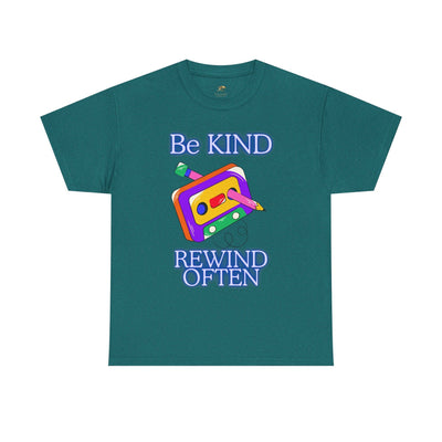 Unisex t-shirt with "Be Kind, Rewind Often" retro cassette design, 90s nostalgia green tee.