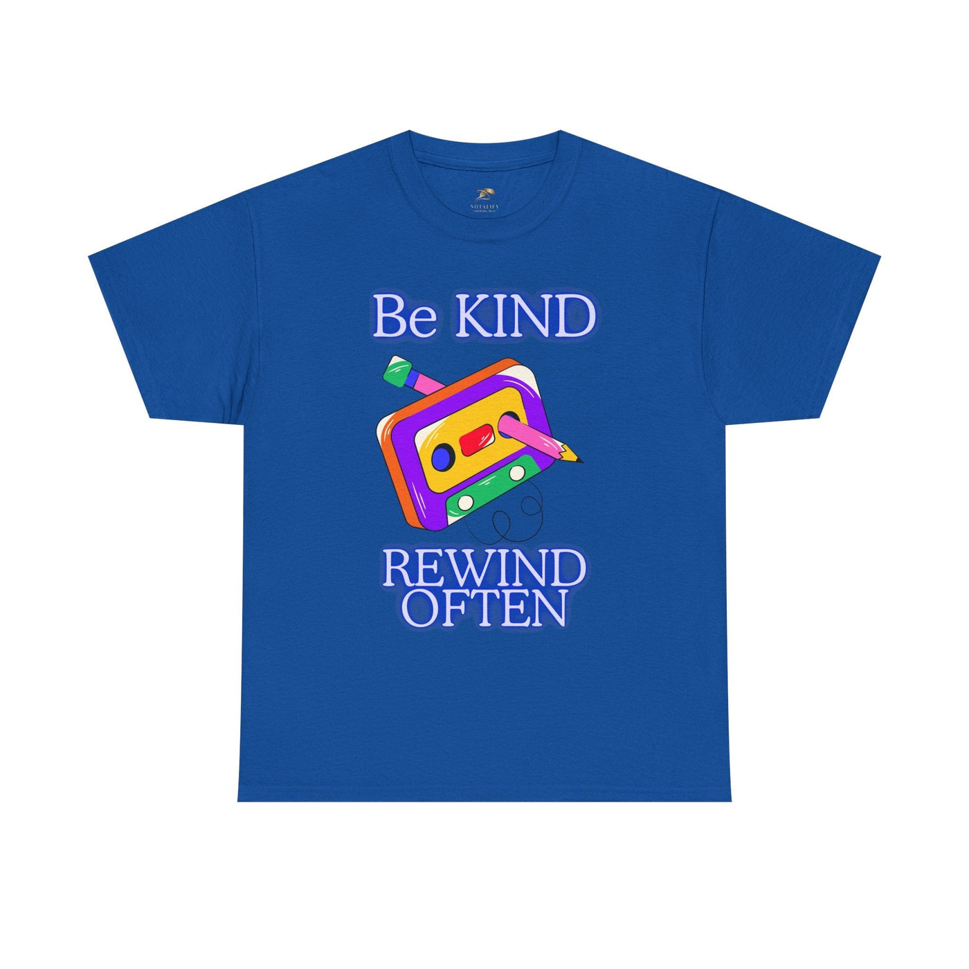 Retro blue t-shirt with "Be Kind, Rewind Often" graphic and colorful cassette tape design.