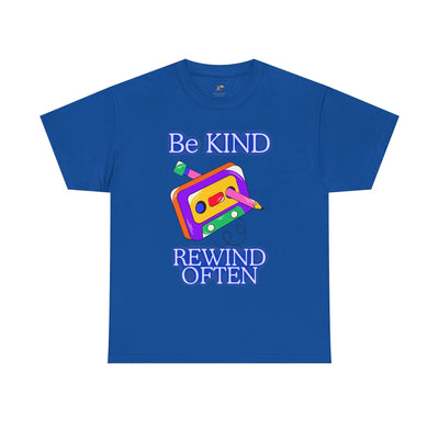 Retro blue t-shirt with "Be Kind, Rewind Often" graphic and colorful cassette tape design.