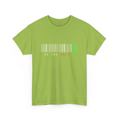 Unique "Be The Only One" barcode t-shirt in blue with a minimalist design