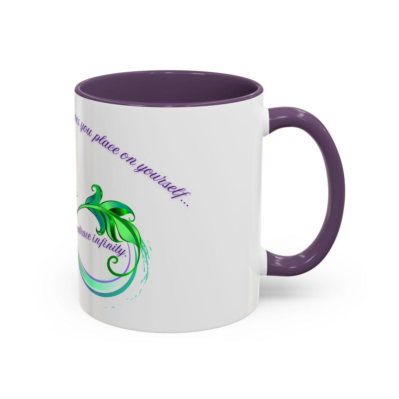 Inspirational butterfly coffee mug with "Embrace Infinity" design, featuring a purple handle and interior, perfect for motivational moments and self-care.