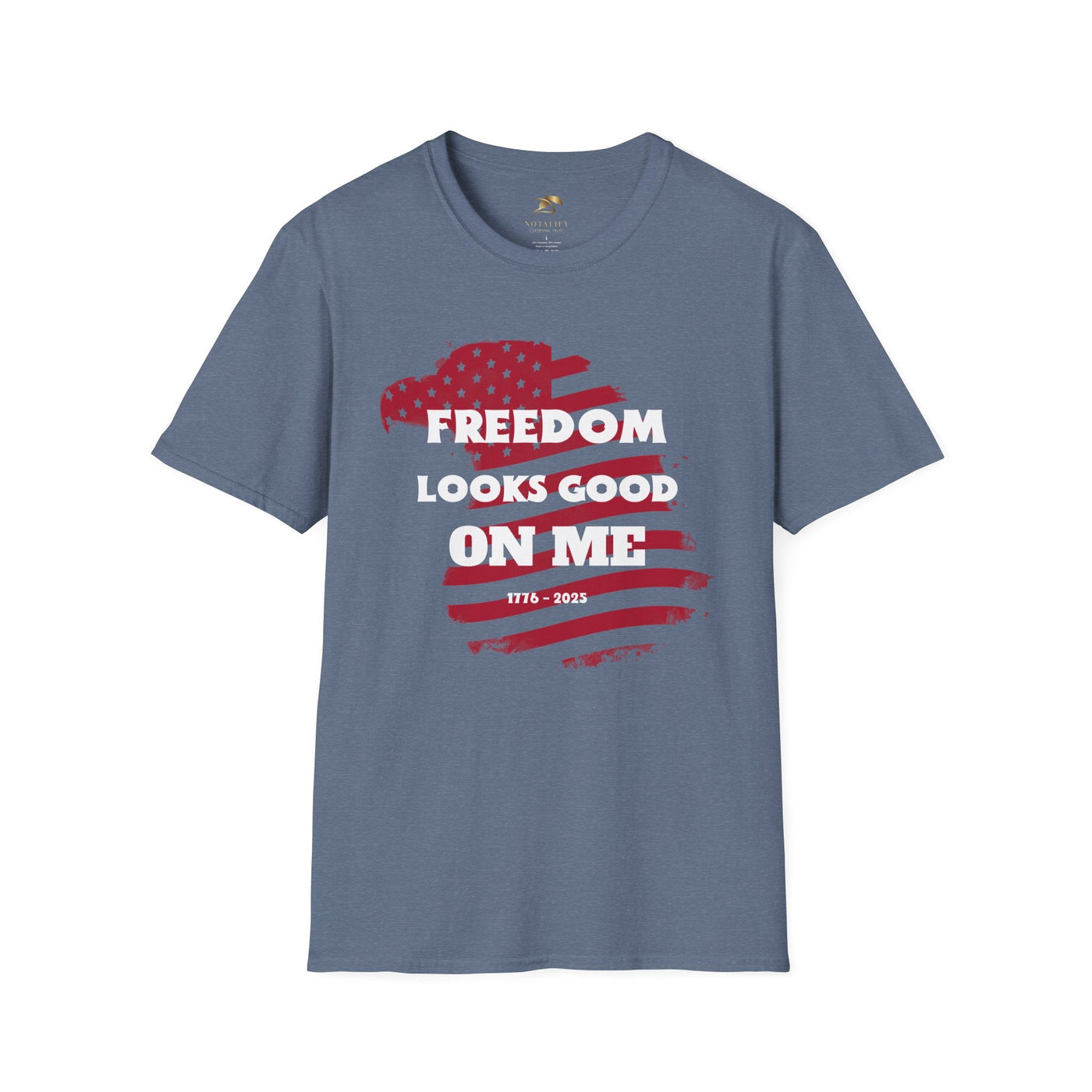 Patriotic Party Tee with "Freedom Looks Good On Me" design, perfect for July 4th celebrations.
