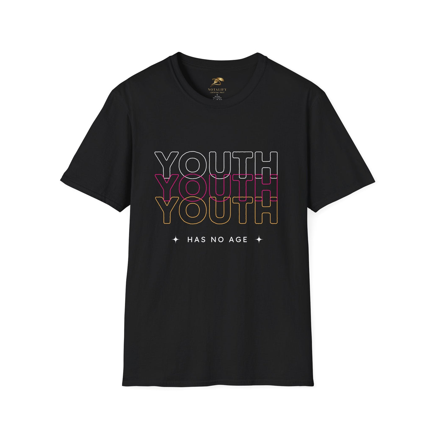 Black Youth Day Unisex Softstyle T-Shirt with multicolor "YOUTH HAS NO AGE" text design