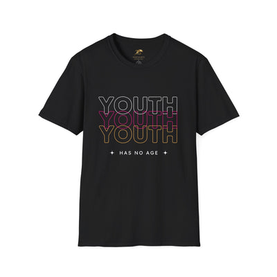 Black Youth Day Unisex Softstyle T-Shirt with multicolor "YOUTH HAS NO AGE" text design