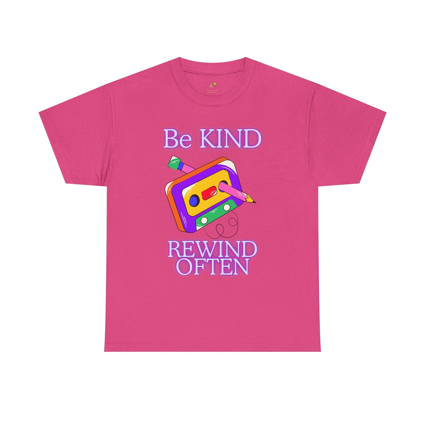 Retro pink t-shirt with "Be Kind, Rewind Often" graphic and cassette design.