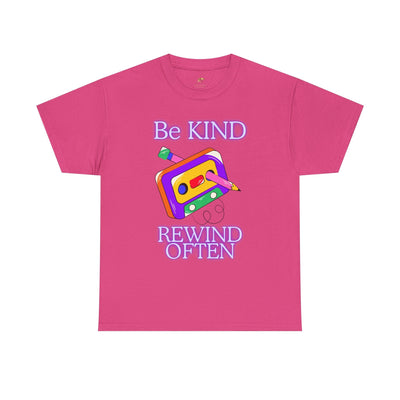 Retro pink t-shirt with "Be Kind, Rewind Often" graphic and cassette design.