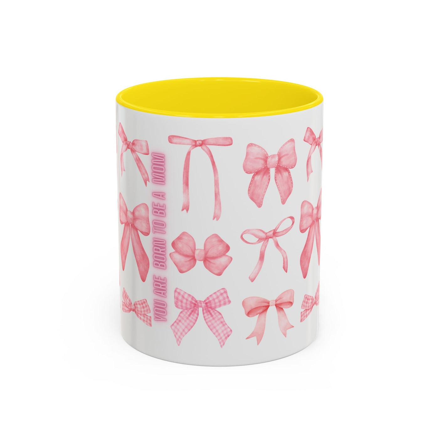 Personalized coquette bow Mother's Day mug with pink bow design and yellow interior.