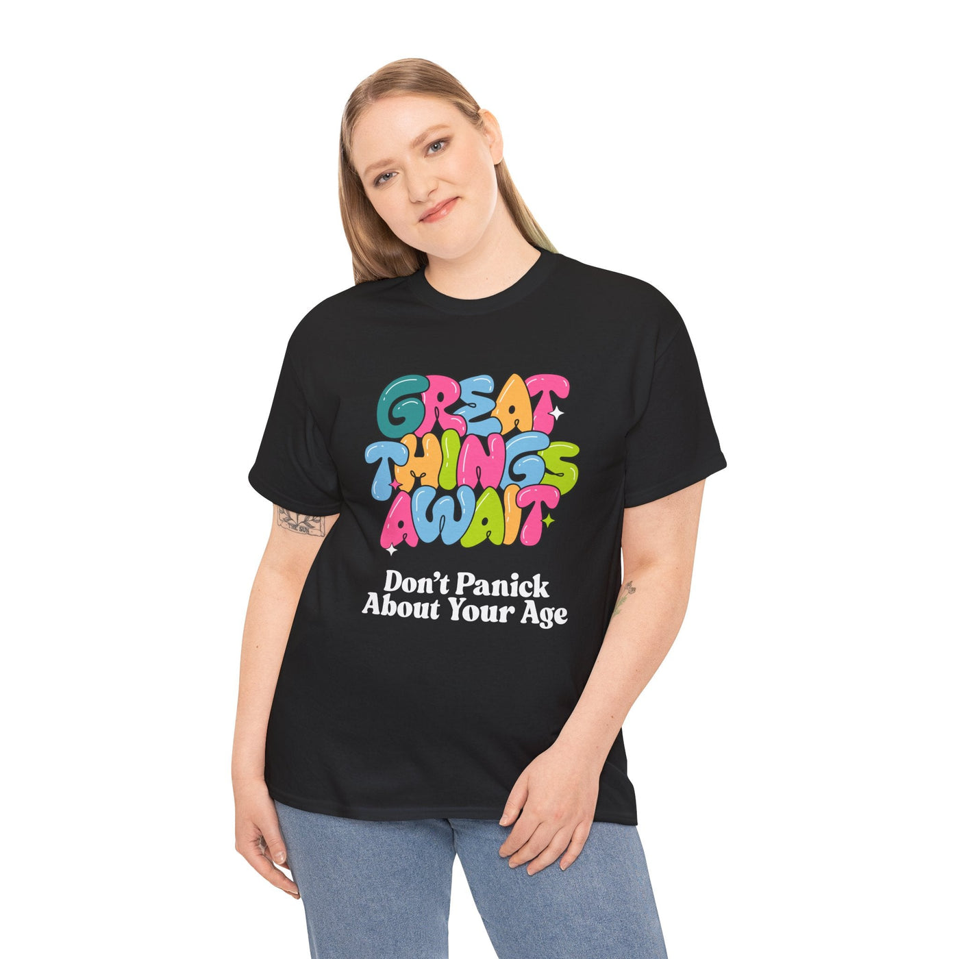 Great Things Await T-Shirt with Positive Message, Anti-Aging Humor, Unisex Design