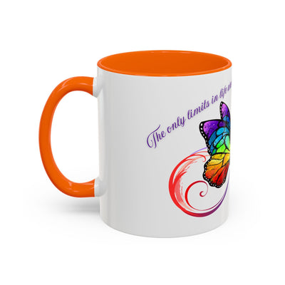 Inspirational butterfly coffee mug with colorful infinity design, orange handle and interior.