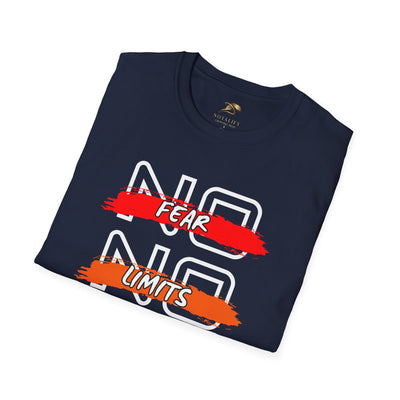 No Fear No Limits motivational navy youth t-shirt with red and orange graphic text design
