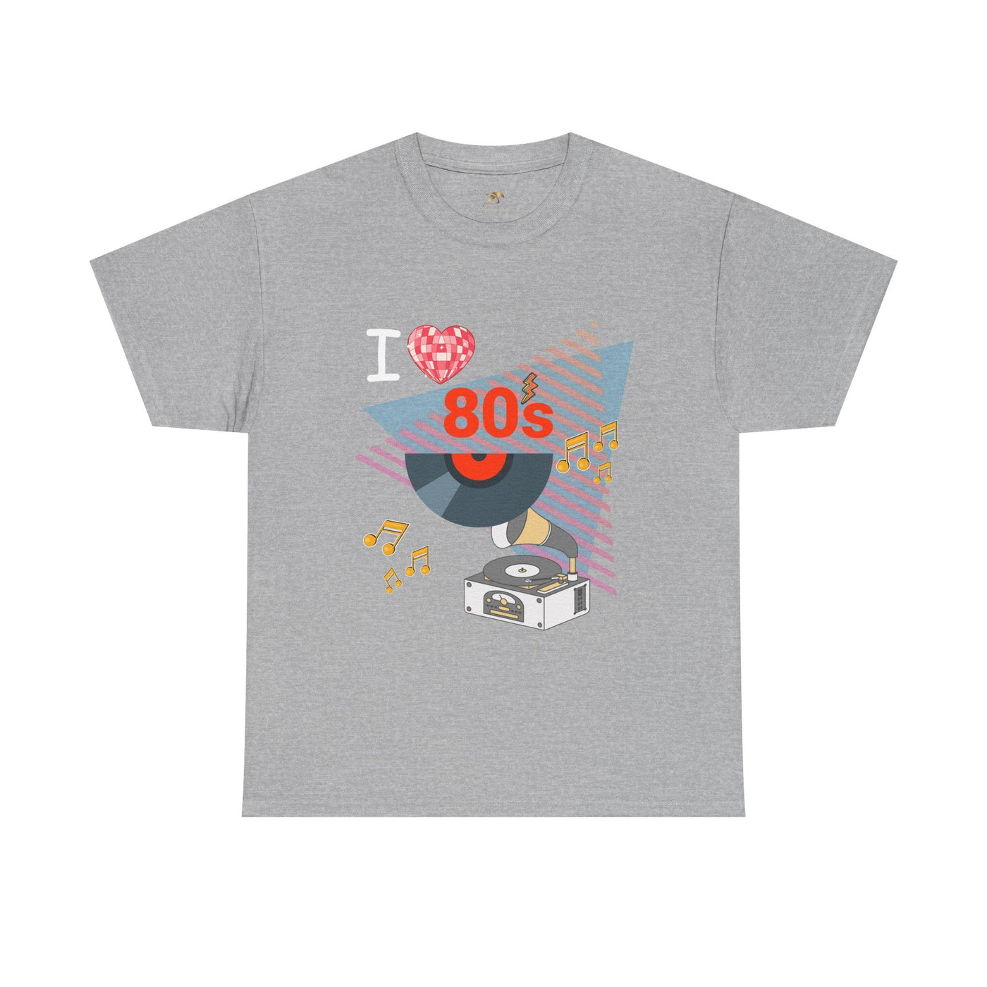 Grey unisex 80's music lover t-shirt with retro vinyl record and turntable graphic