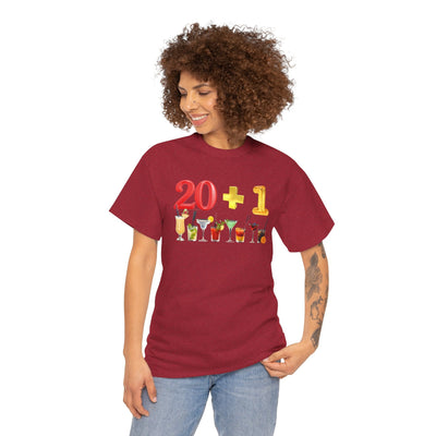 21st Birthday T-Shirt with "20 + 1" design and cocktail graphics.