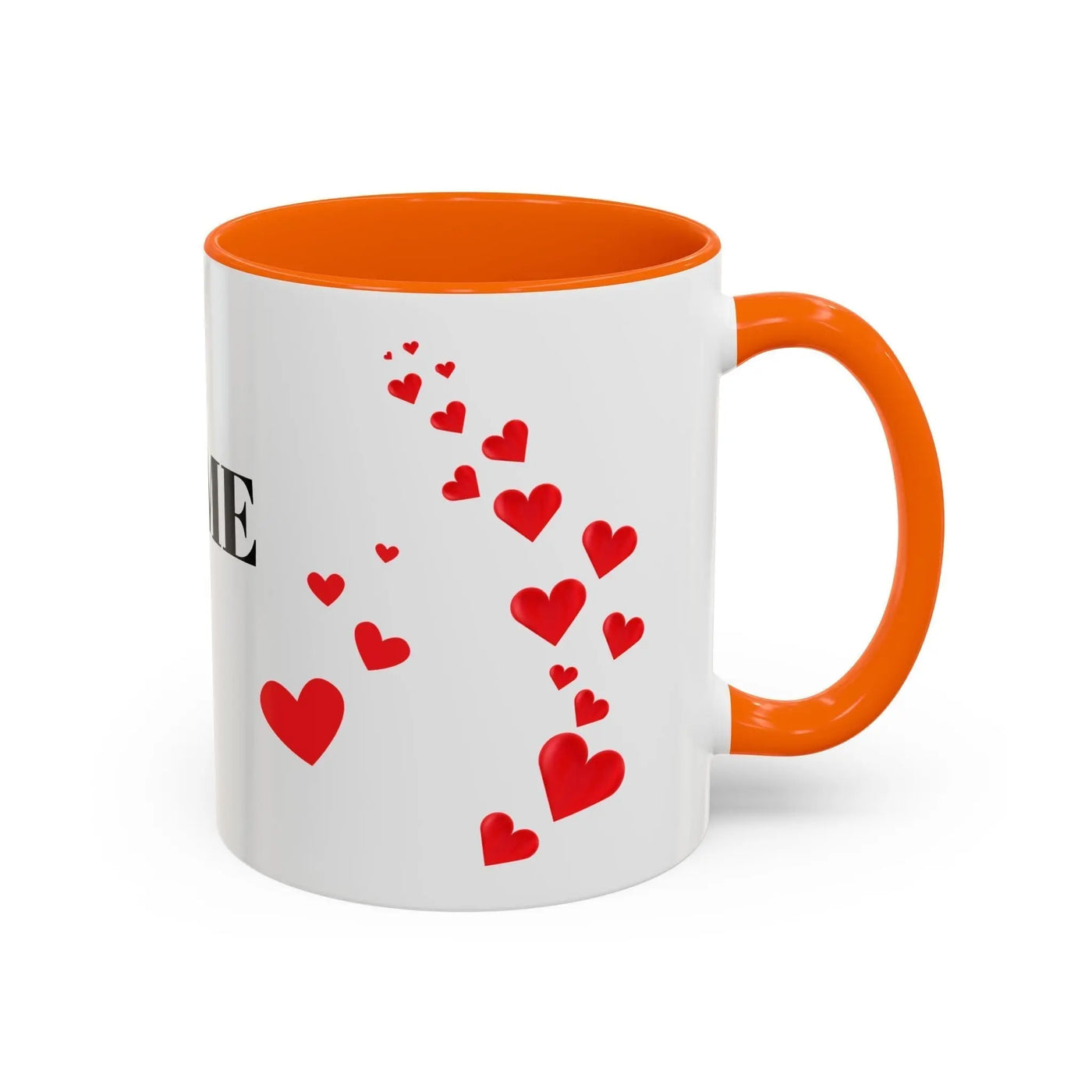 You are Enough Mug with red hearts, 11oz white ceramic, orange interior and handle.