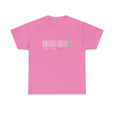 Unique "Be The Only One" barcode t-shirt in blue with a minimalist design