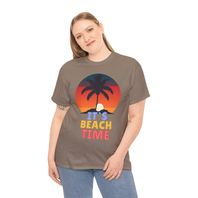 Unisex t-shirt with "It's Beach Time" graphic featuring a sunset and palm tree, perfect for Summer 2025 beach trips.