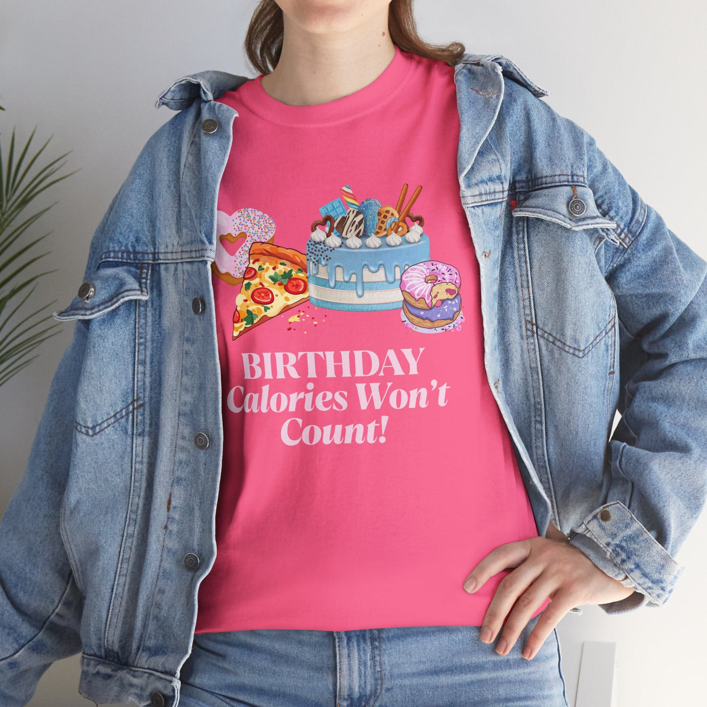 Funny "Birthday Calories Don't Count" t-shirt with cake, pizza, and donuts design.