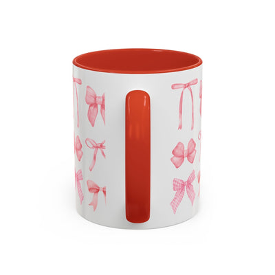 Coquette bow personalized Mother's Day mug with red interior and handles.